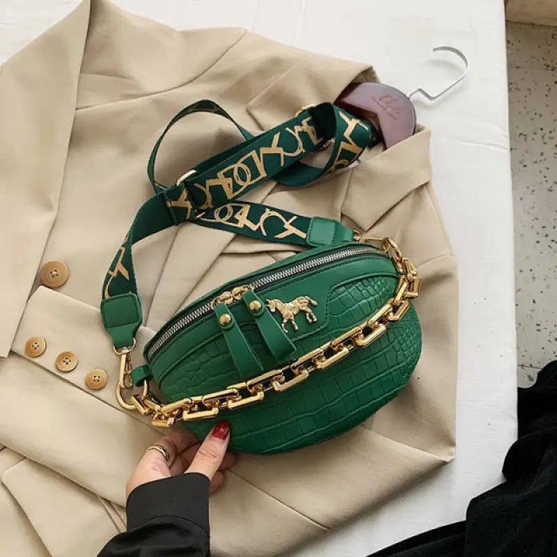 Solid Fashion PU Leather Chain Travel Belt Bag - green