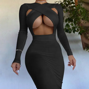 Solid Hollow Out Long Sleeve Midi Dress - black / M