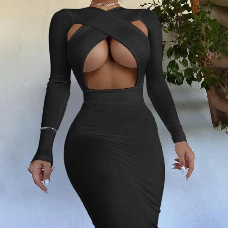 Solid Hollow Out Long Sleeve Midi Dress - black / M