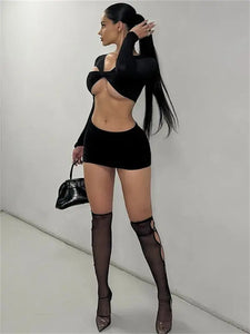 Solid Hollow Out V-Neck Two Piece Set