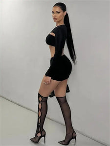 Solid Hollow Out V-Neck Two Piece Set