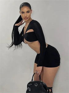 Solid Hollow Out V-Neck Two Piece Set