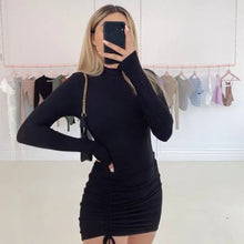 Load image into Gallery viewer, Solid Long Sleeve Turtleneck Drawstring Club Dress - black