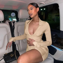 Load image into Gallery viewer, Solid Pleated Polo Neck Long Sleeves Mini Dress - Beige / M
