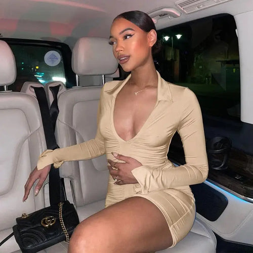 Solid Pleated Polo Neck Long Sleeves Mini Dress - Beige / M