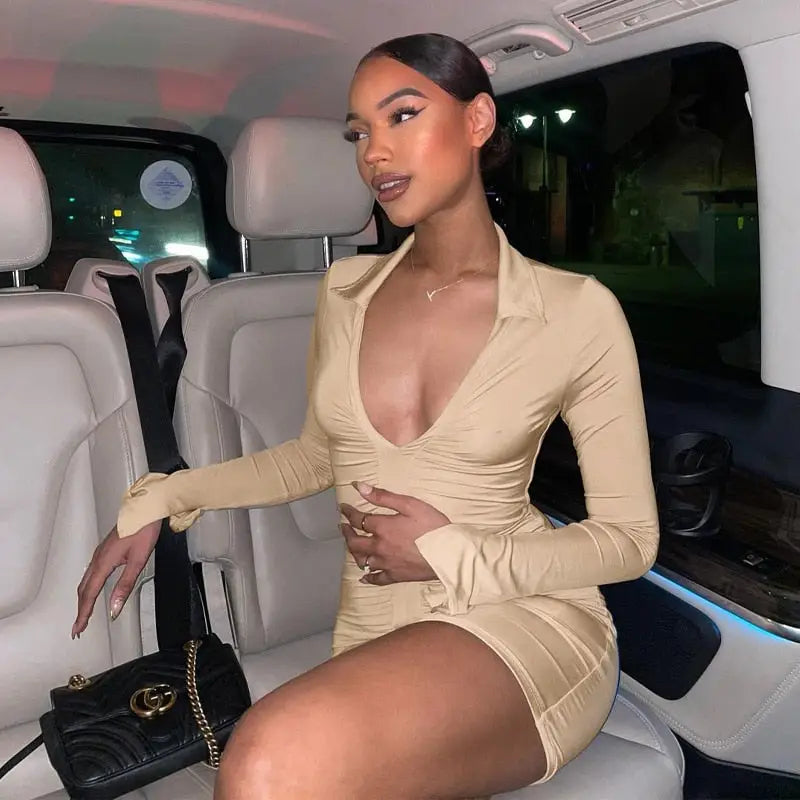 Solid Pleated Polo Neck Long Sleeves Mini Dress - Beige / M