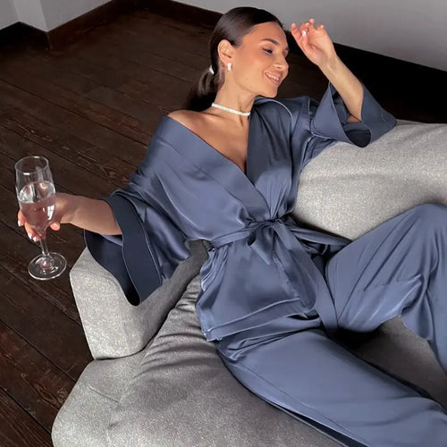 Solid Satin Loose Pajama Set With Sashes