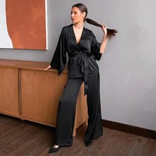 Load image into Gallery viewer, Solid Satin Loose Pajama Set With Sashes - Black / S