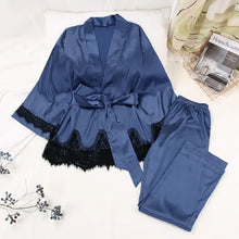 Load image into Gallery viewer, Solid Satin Loose Pajama Set With Sashes - Blue Lace / M