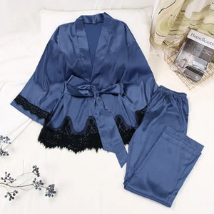 Solid Satin Loose Pajama Set With Sashes - Blue Lace / M