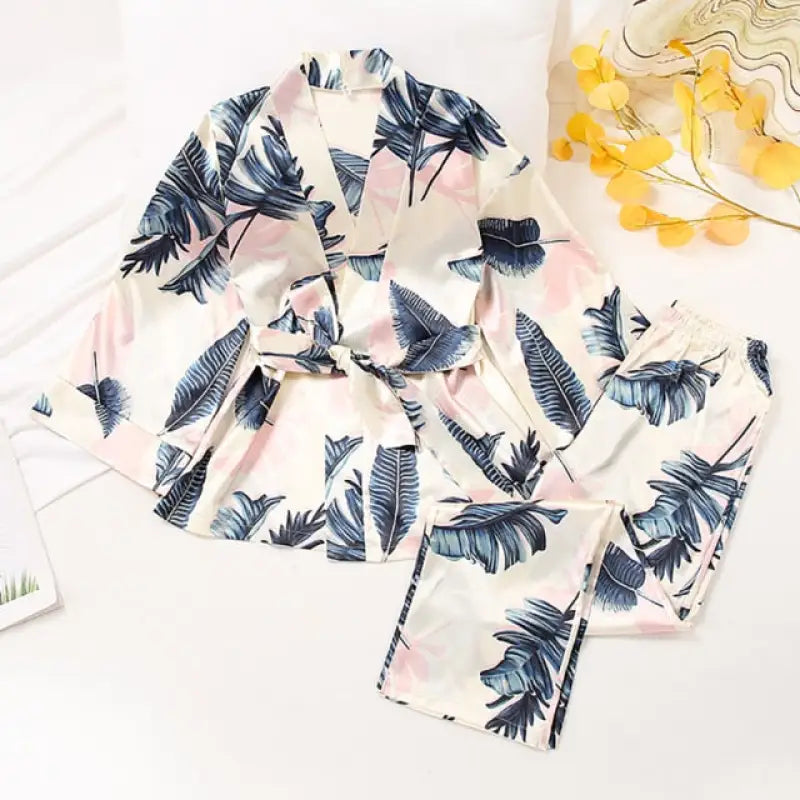 Solid Satin Loose Pajama Set With Sashes - Blue Leaf / XL
