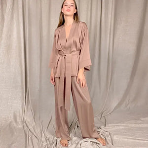 Solid Satin Loose Pajama Set With Sashes - Champagne / XL