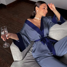 Load image into Gallery viewer, Solid Satin Loose Pajama Set With Sashes - Chic Blue / XL