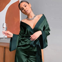 Load image into Gallery viewer, Solid Satin Loose Pajama Set With Sashes - Chic Green / M