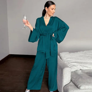 Solid Satin Loose Pajama Set With Sashes - Cyan / S