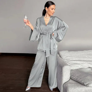 Solid Satin Loose Pajama Set With Sashes - Gray / XL