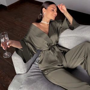 Solid Satin Loose Pajama Set With Sashes - Khaki / L