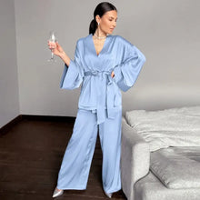 Load image into Gallery viewer, Solid Satin Loose Pajama Set With Sashes - Light Blue / L
