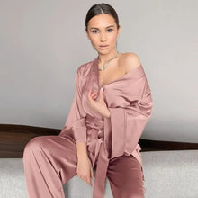 Load image into Gallery viewer, Solid Satin Loose Pajama Set With Sashes - Light Brown / XL