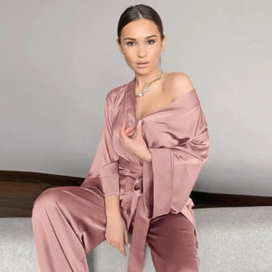 Solid Satin Loose Pajama Set With Sashes - Light Brown / XL