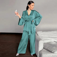 Load image into Gallery viewer, Solid Satin Loose Pajama Set With Sashes - Light Green / XL