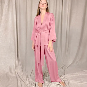 Solid Satin Loose Pajama Set With Sashes - Pink / L