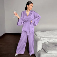 Load image into Gallery viewer, Solid Satin Loose Pajama Set With Sashes - Purple / XL