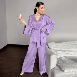 Solid Satin Loose Pajama Set With Sashes - Purple / XL