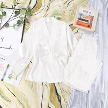 Load image into Gallery viewer, Solid Satin Loose Pajama Set With Sashes - White / XL