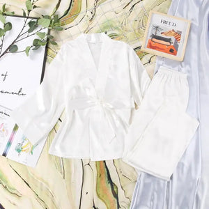 Solid Satin Loose Pajama Set With Sashes - White / XL