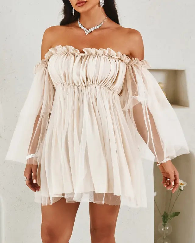 Solid Off Shoulder Frill Trim Layered Mesh Dress - APRICOT