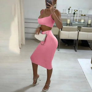 Solid Strap Crop Top Camis & Midi Skirt Set