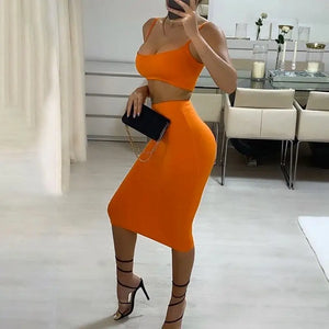 Solid Strap Crop Top Camis & Midi Skirt Set - orange / M