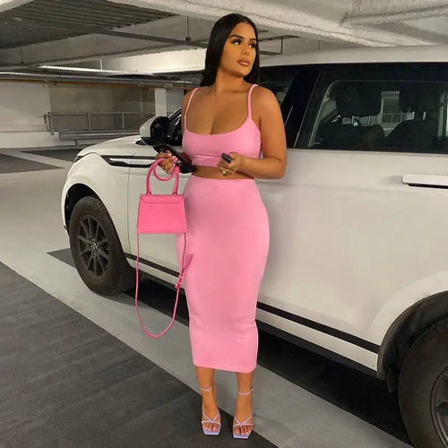 Solid Strap Crop Top Camis & Midi Skirt Set - pink / L