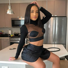 Load image into Gallery viewer, Sophia Mesh Patchwork Stand Collar Long Sleeve Crop Top