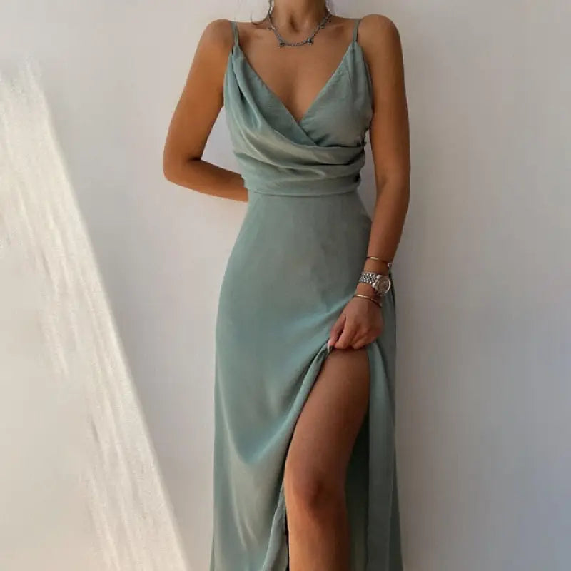 Spaghetti Strap Backless Wrap Midi Dress - green / L