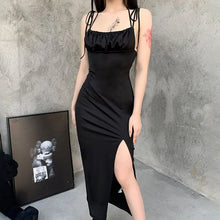 Load image into Gallery viewer, Spaghetti Strap High Waist Slit Goth Backless Dress - Black