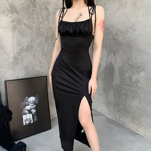 Spaghetti Strap High Waist Slit Goth Backless Dress - Black