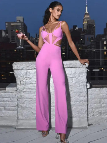 Spaghetti Strap Hollow Out Bodycon Bandage Jumpsuit - XS