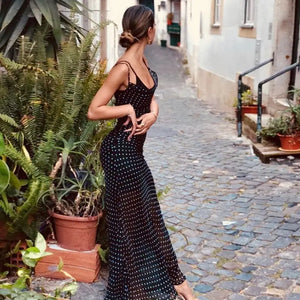 Spaghetti Strap Mesh See Through Polka Dot Maxi Dress