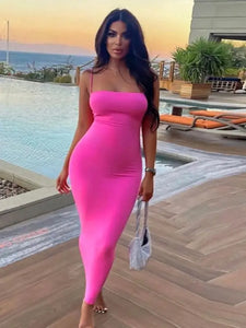 Spaghetti Strap Sexy Backless Club Party Maxi Dress - pink