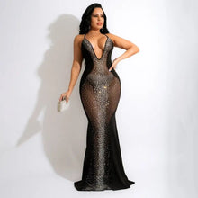 Load image into Gallery viewer, Sparkling Crystal Rhinestone Mesh Sheer Maxi Dress - black