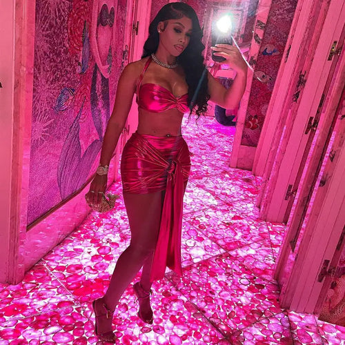 Sparkling Halter Neck Crop Top & Bandage Skirt - M / Rose