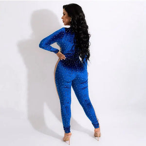 Sparkly Rhinestone Patchwork See Through Mesh Jumpsuit