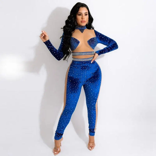 Sparkly Rhinestone Patchwork See Through Mesh Jumpsuit