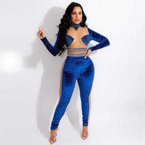 Sparkly Rhinestone Patchwork See Through Mesh Jumpsuit