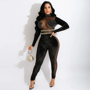 Sparkly Rhinestone Patchwork See Through Mesh Jumpsuit