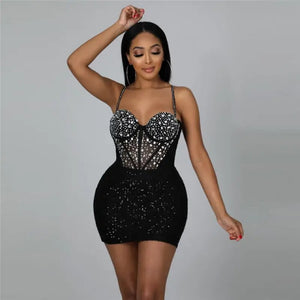 Sparkly Rhinestone Sequin Mini Dress - black / XXL