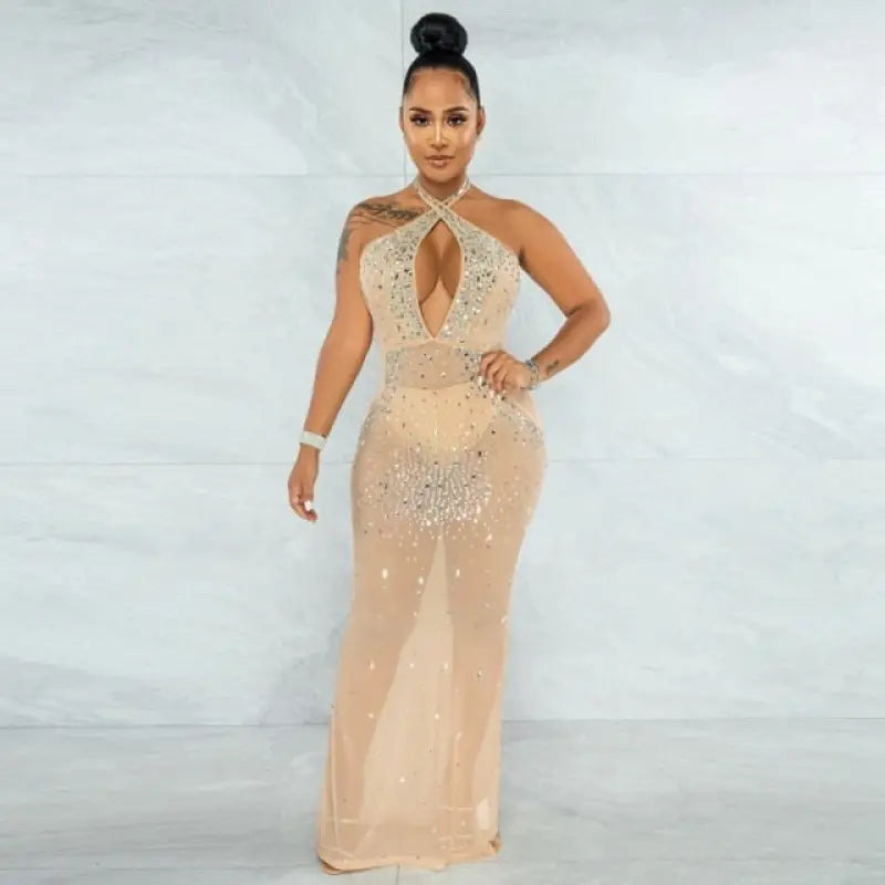 Sparkly Rhinestone Sexy Maxi Party Dress - Khaki / S
