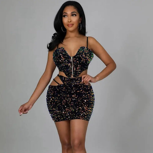Sparkly Sequin Festival Crop Top & Mini Skirt Set